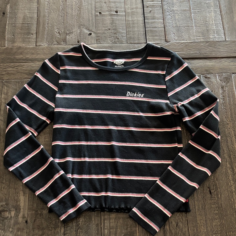 DICKIES XL LONG SLEEVE RIBBED LETTUCE EDGE BOTTOM STRIPPED SHIRT GREAT CONDITION